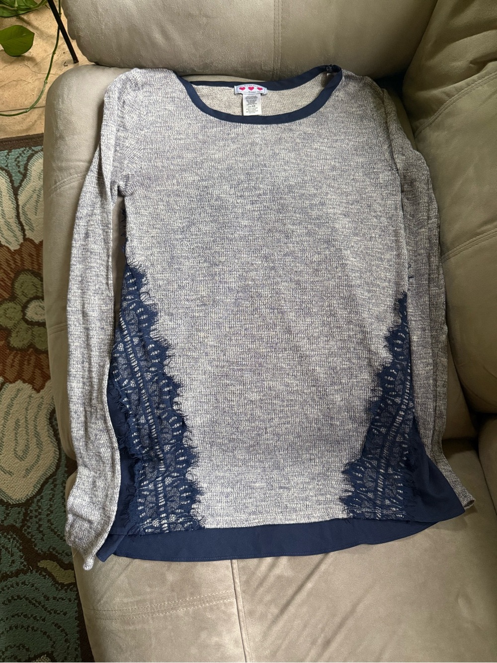 Gray Lightweight Knit Crewneck Sweater with Navy Lace Insets